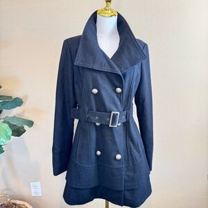 NWT Marvin Richards Tiered Peacoat Women’s L Black Wool Double Breasted Belted